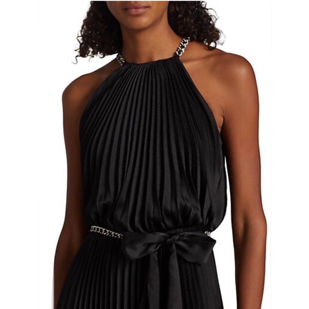ML Monique Lhuillier Satin Chain-Link Belt Pleated Gown, Black, New, Size 8 - Picture 5 of 12